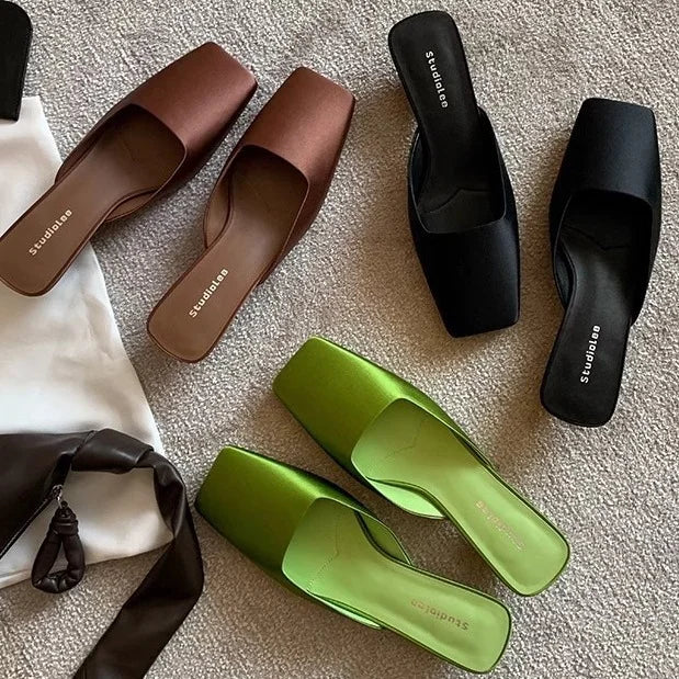 Women's Square Toe Slip-On Mule Slides - Flat Heel - Satin Upper