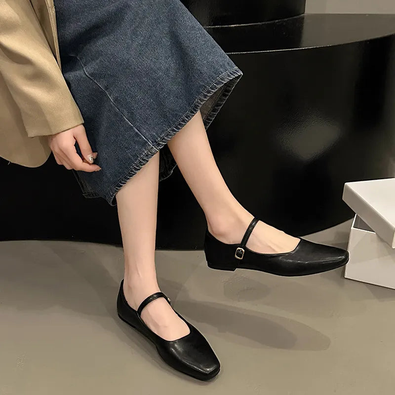 Women's Leather Ballet Flats – Square Toe Single Strap with Gold-Tone Pin Buckle