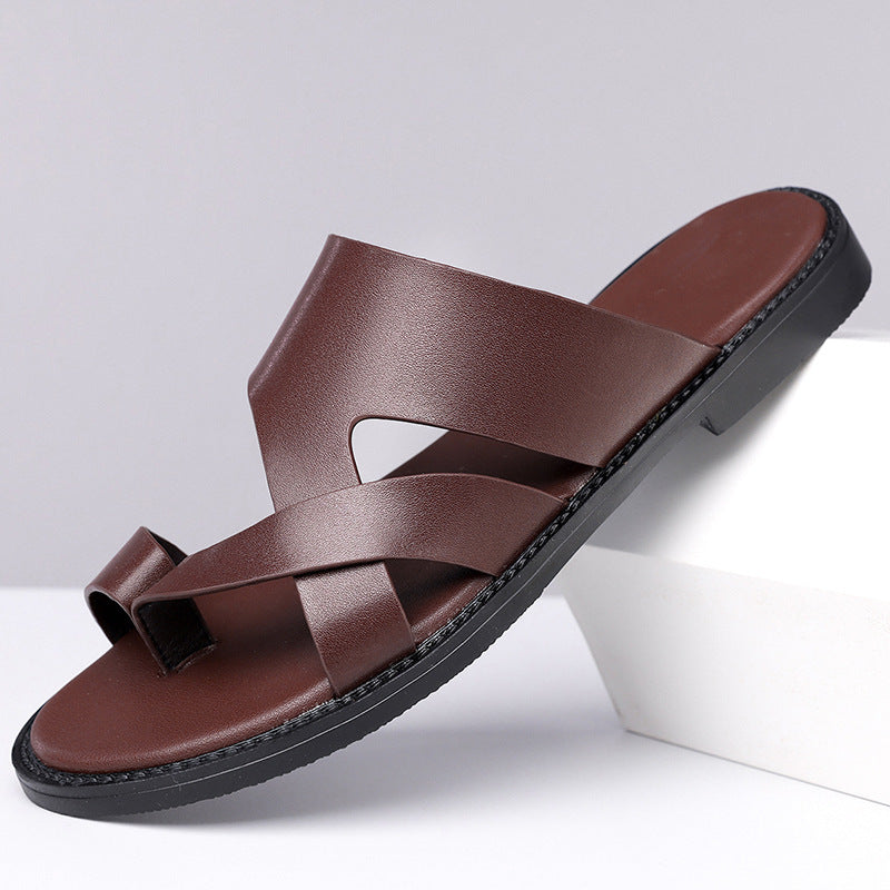 Men's Open Toe Strappy Leather Sandals – Toe Loop Slip-On with Rubber Sole