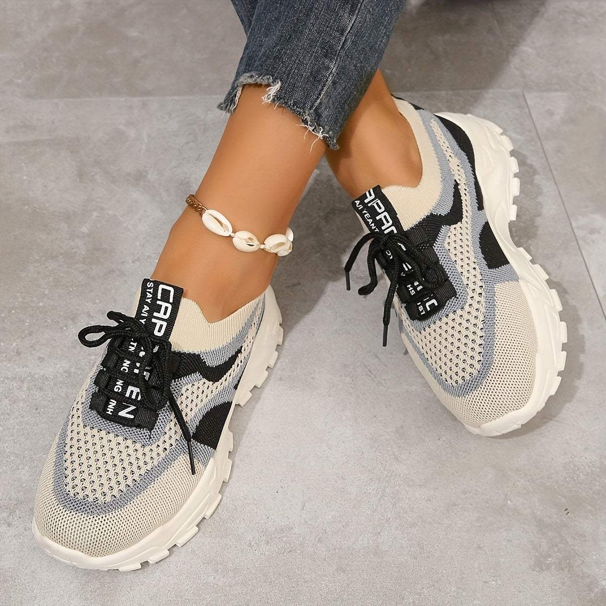 Women's Chunky Sneakers with Knit Mesh Upper and Lace-Up Closure