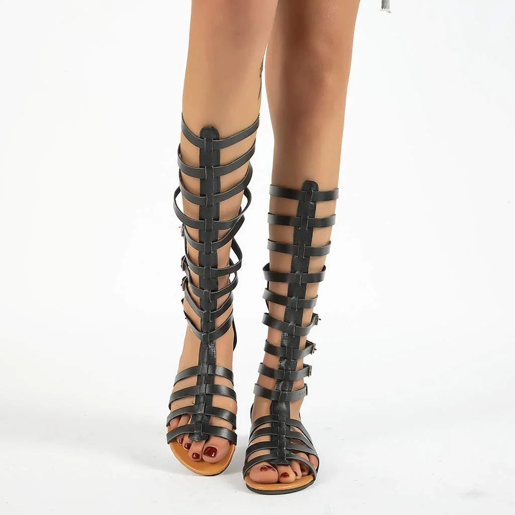 Women's Gladiator Sandals Knee-High Multi-Buckle Flat Sole