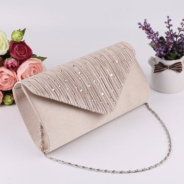 Women's Satin Rhinestone Clutch Bag Envelope with Pleated Flap