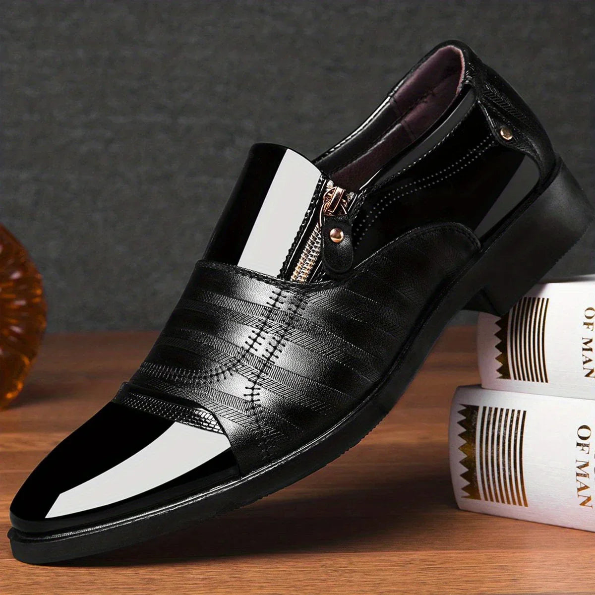 Men's Pointed Toe Dress Shoes - Side Zip - Patent Panel Upper Low Heel