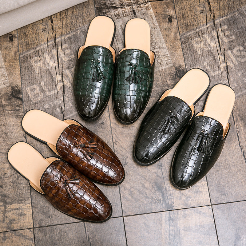 Men’s Croc-Embossed Leather Slip-On Mule Loafers with Tassel Detail