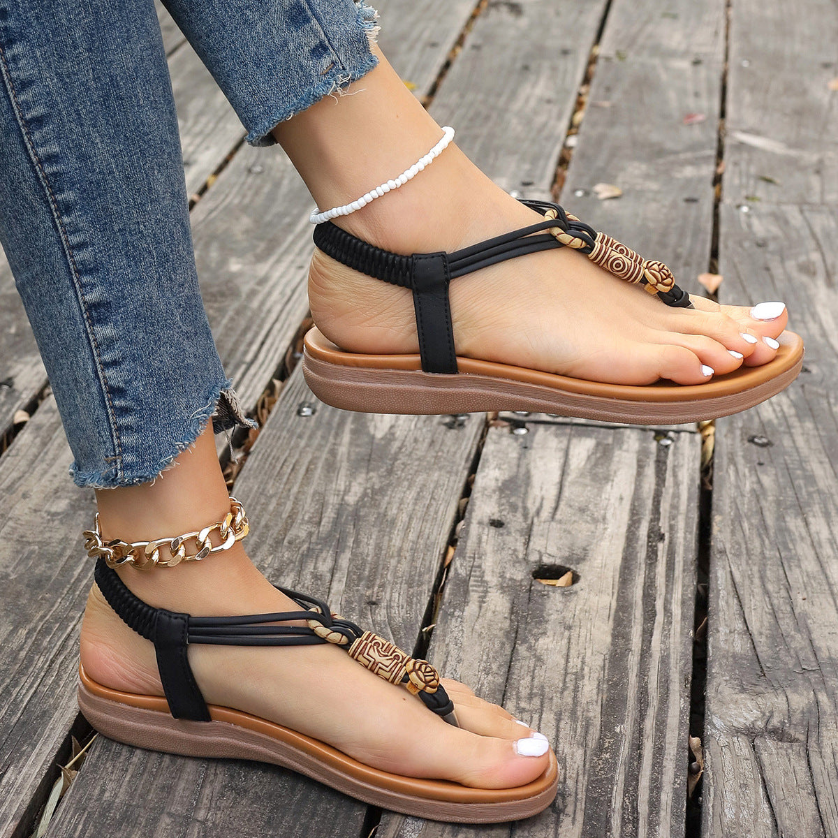 Women's Flat Thong Sandals – T-Strap Braided Elastic Slingback with Carved Bead Detail