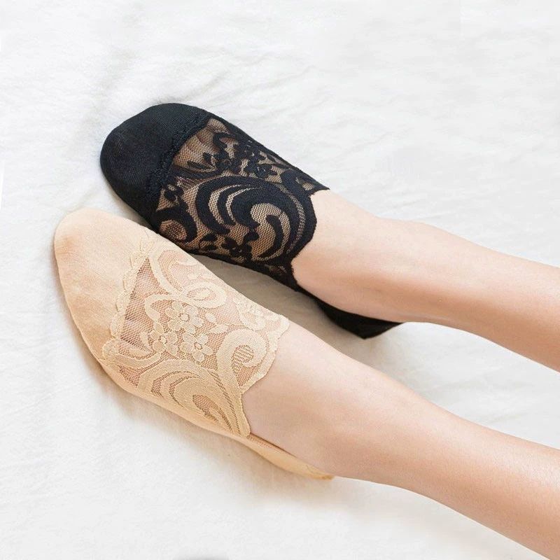 Women's Lace No-Show Socks 5-Pair Set – Floral Mesh with Cotton Heel Toe