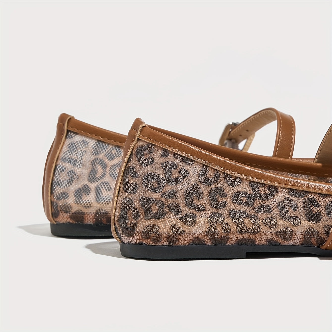 Women's Mary Jane Flats – Square Toe Buckle Strap Mesh Upper with Leopard Print