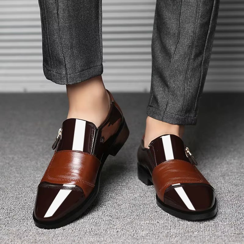 Men's Pointed Toe Dress Shoes - Side Zip - Patent Panel Upper Low Heel