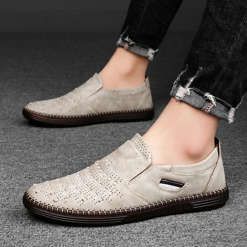 Men's Slip-On Loafers with Perforated Upper and Round Toe