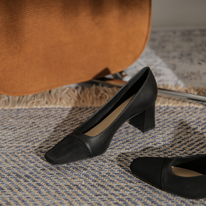 Women's Two-Tone Leather Slip-On Pumps with Cap Toe and Block Heel