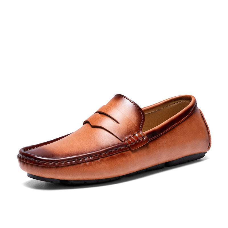 Men's Leather Penny Loafers with Rounded Toe and Rubber Sole