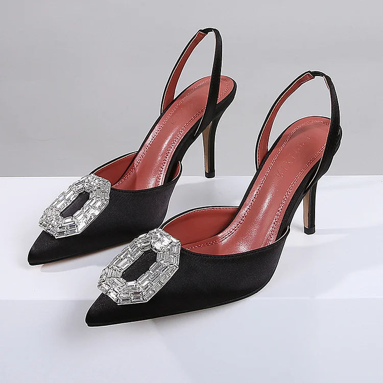 Women's Pointed Toe Slingback Heels - Crystal Embellished Buckle Stiletto