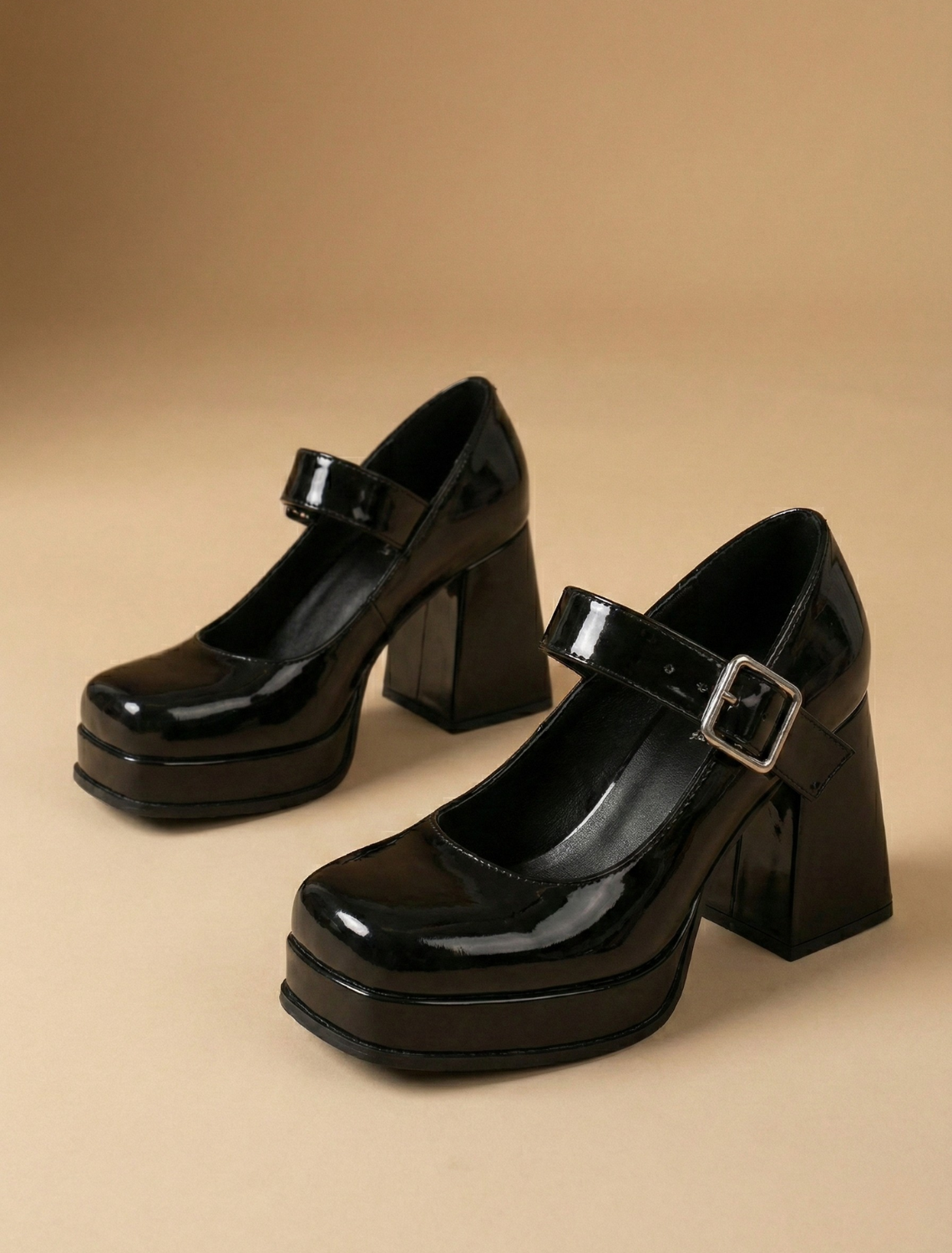 Women’s Patent Mary Jane Platform Heels with Block Heel and Buckle Strap