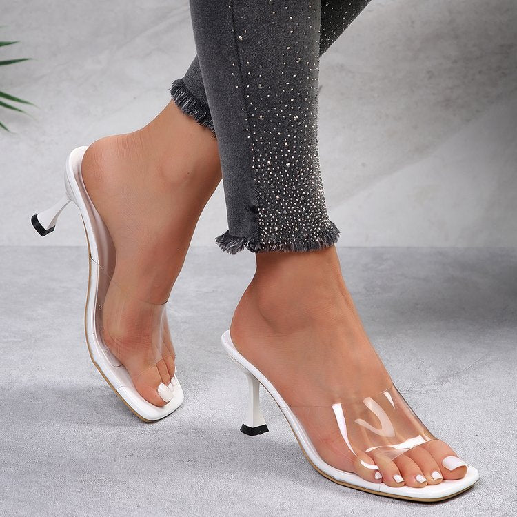 Women's Clear PVC Square Toe Slide Heels with Stiletto Heel