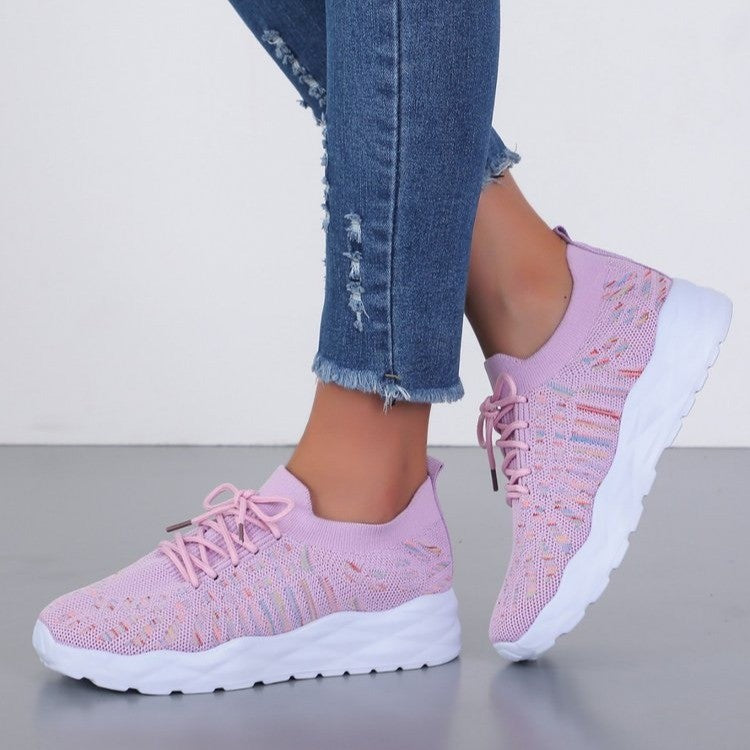 Women's Lace-Up Knit Mesh Sneakers - Round Toe - Sock Collar - Chunky Sole