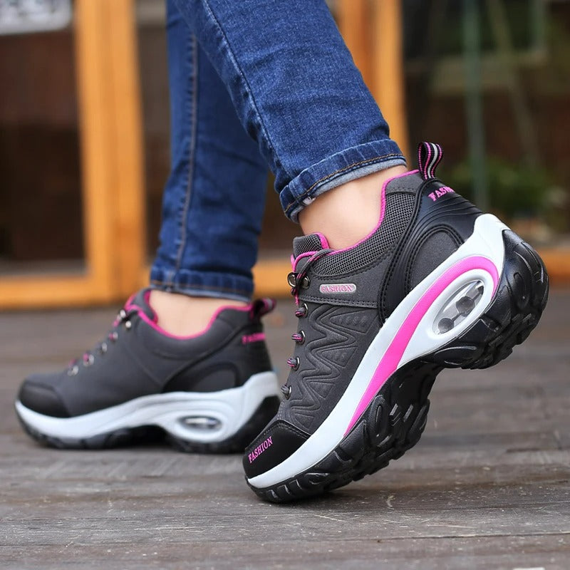 Women's Lace-Up Platform Sneakers with Leather Upper and Air Cushion Sole