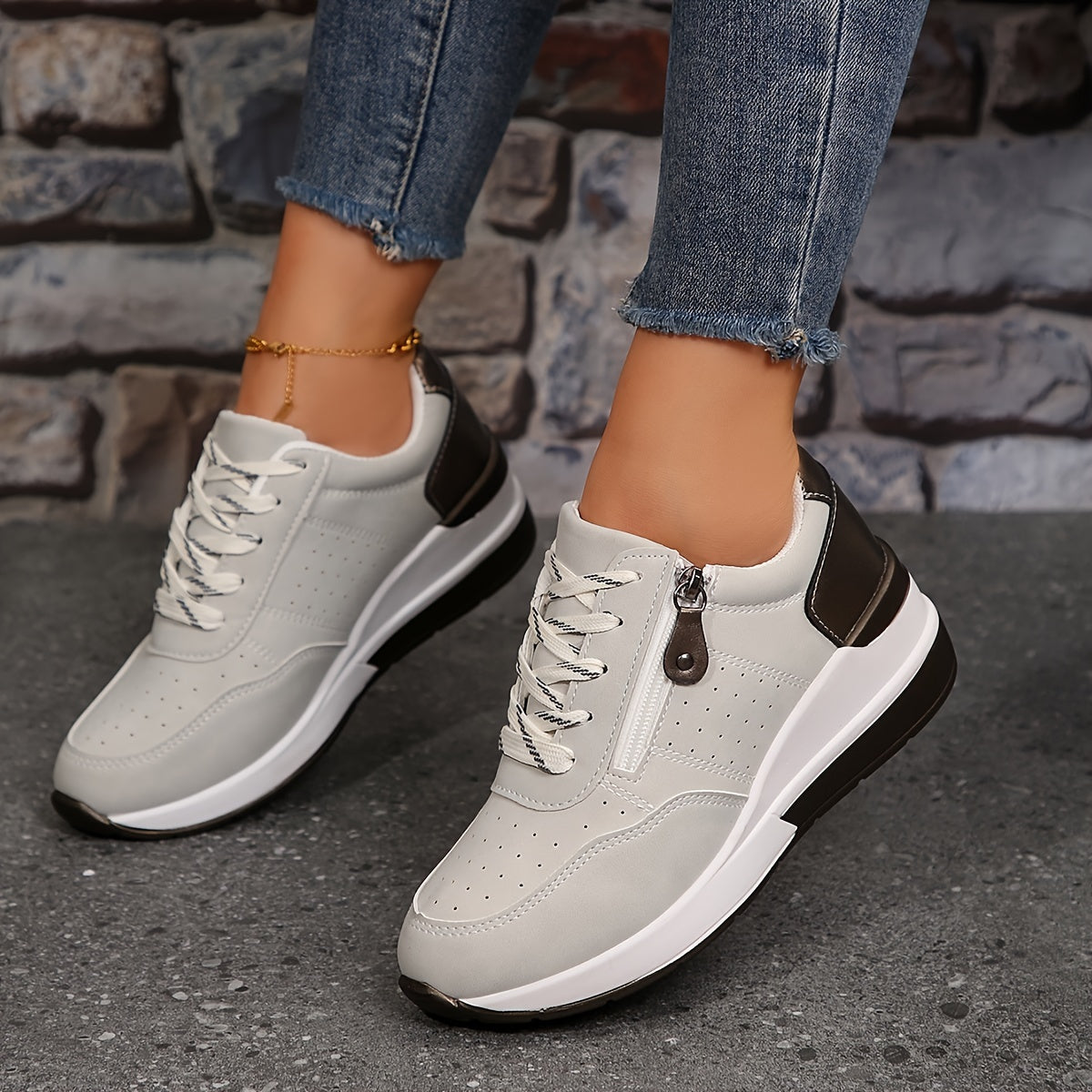Women’s Lace-Up Sneakers with Side Zipper and Rounded Toe