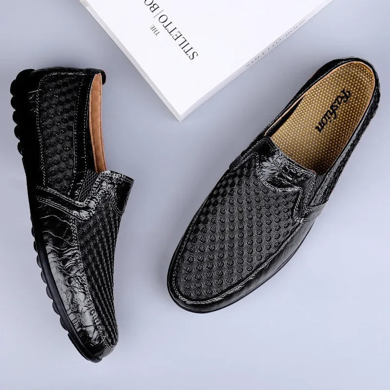 Men’s Round Toe Mesh Faux Leather Loafers with Breathable Perforated Upper