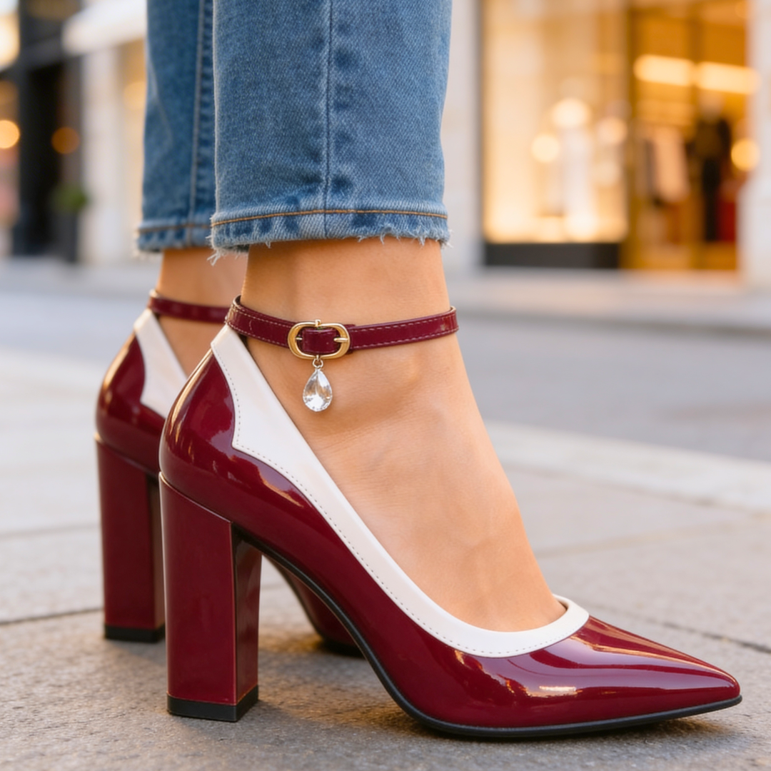 Women's Heels Pointed Toe Block Heel Ankle Strap Crystal Charm
