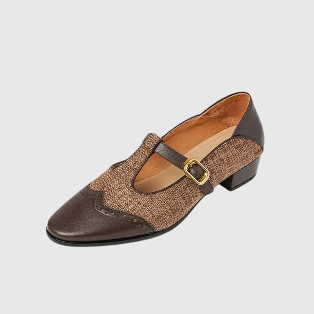 Women's Mary Jane Flats - T-Strap Buckle - Leather and Fabric Upper