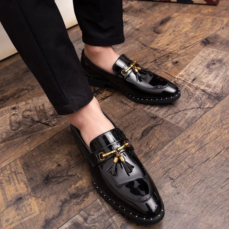 Men's Tassel Loafers - Slip-On Patent Upper - Pointed Toe Low Heel