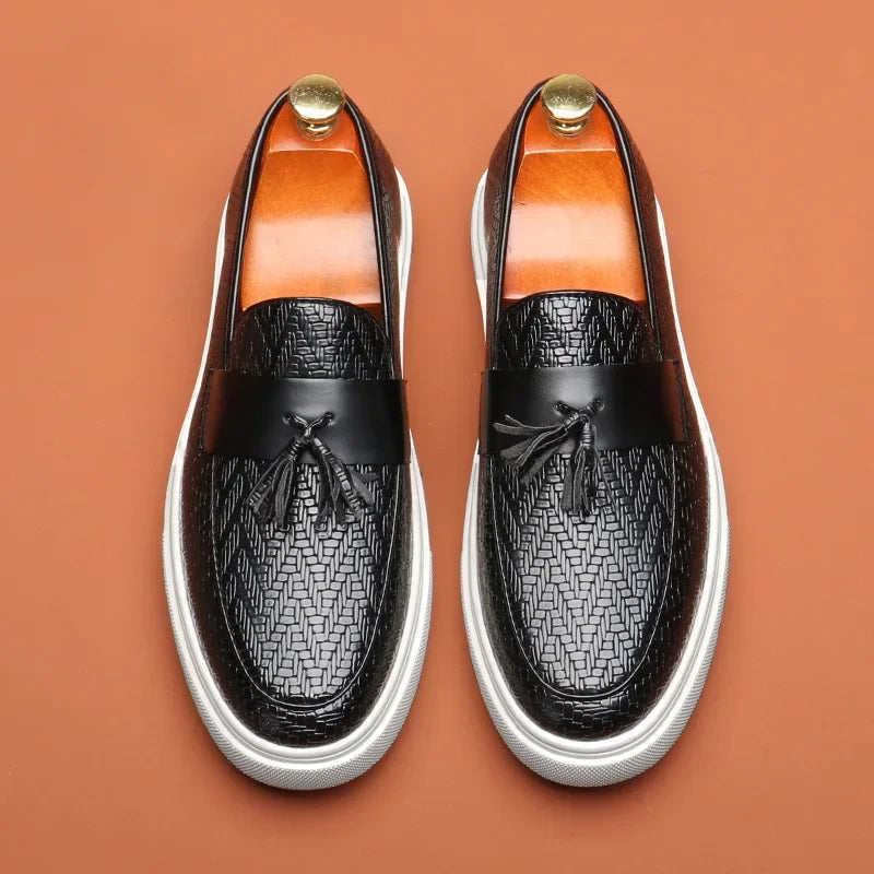 Men's Tassel Loafers - Slip-On Woven Embossed Upper - Flat Sneaker Sole