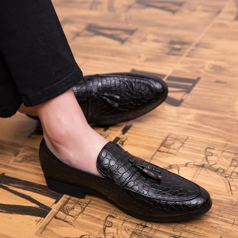 Men's Tassel Loafers - Slip-On Croc Embossed Upper - Pointed Toe