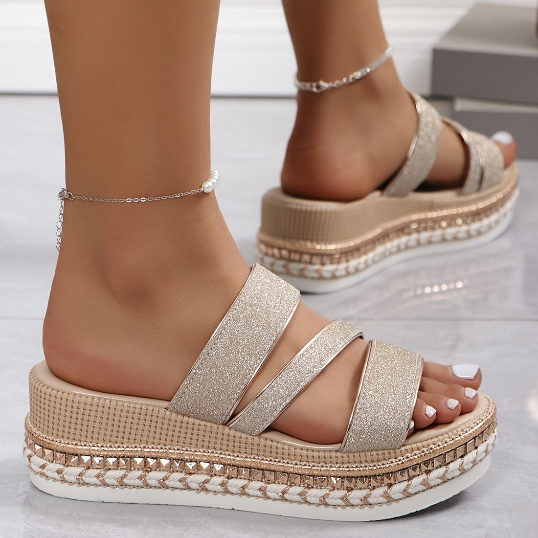 Women’s Gold Open-Toe Platform Sandals with Triple Strap and Slip-On Design
