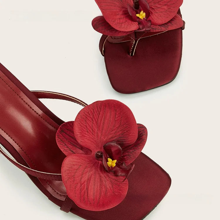 Women's Red Square Toe Heeled Mules - 3D Orchid Appliqué Thong Strap Stiletto