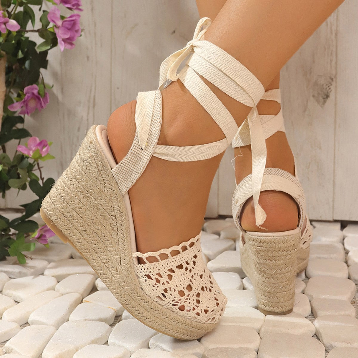 Women's Strappy Espadrille Wedge Sandals – Closed Toe Crochet Ankle Tie