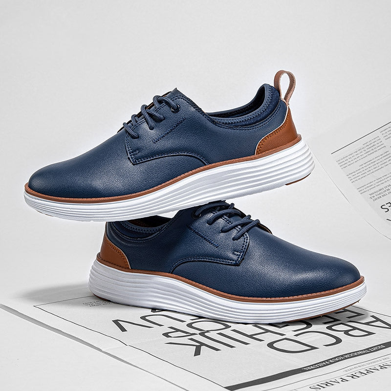 Men's Leather Casual Dress Shoes – Plain Toe Lace-Up with Chunky White Sole