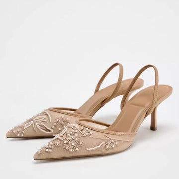 Women's Embroidered Kitten Heels - Mesh Pointed Toe - Slingback