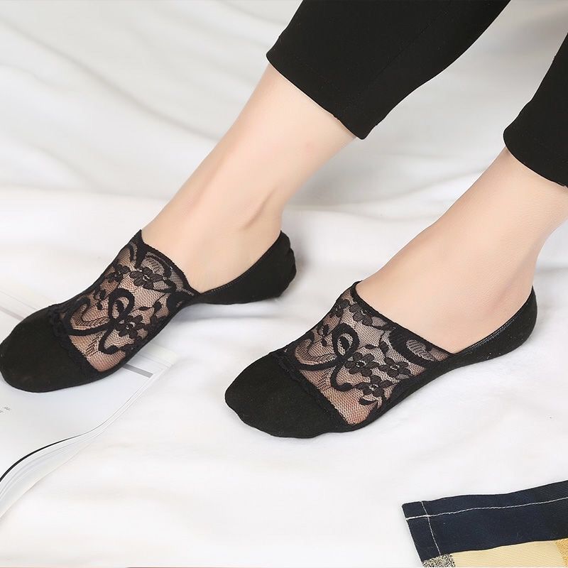 Women's Lace No-Show Socks 5-Pair Set – Floral Mesh with Cotton Heel Toe