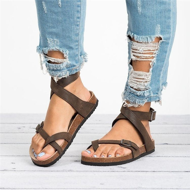 Women's Slip-On Strappy Flat Sandals - Round Toe - Moccasin Stitch Outsole