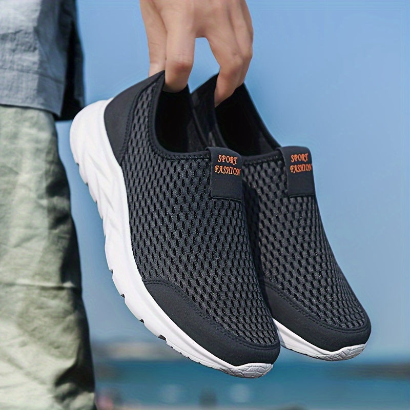 Men's Mesh Knit Slip-On Low-Top Sneakers - Pull Tab - White Sole