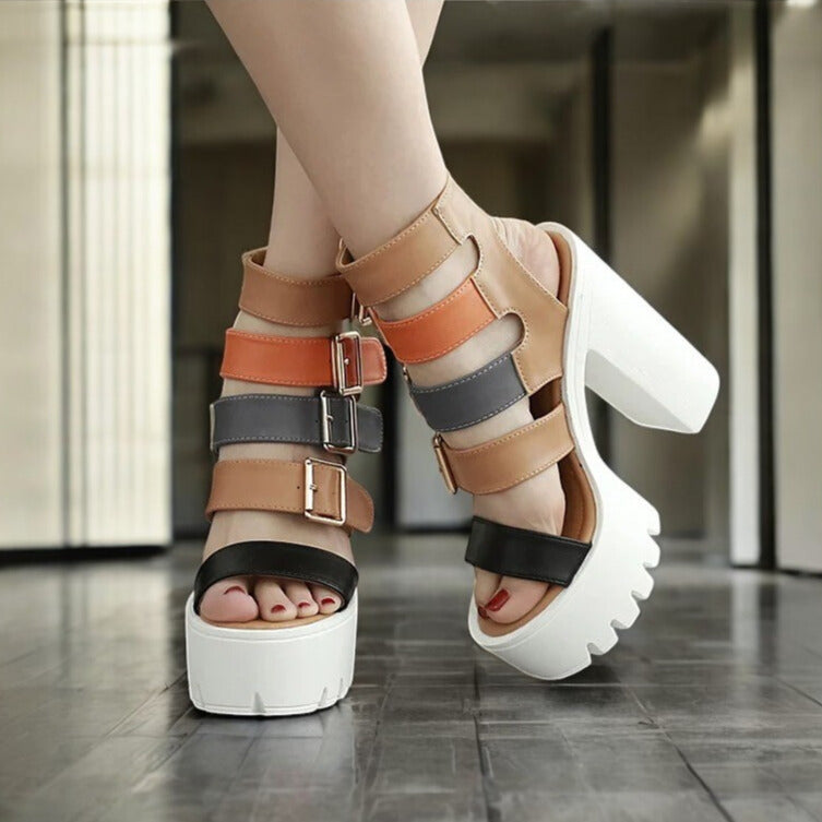 Women’s Chunky Platform Sandals with Multi Strap Buckle Design