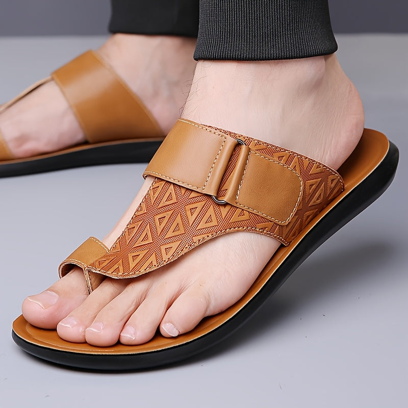 Men's Open Toe Leather Sandals – Toe Loop Slip-On with Geometric Embossed Strappy