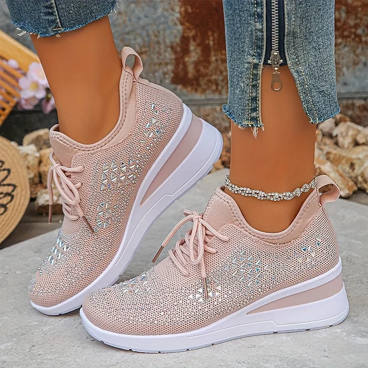 Women's Knit Lace-Up Sneakers - Rhinestone Detail - Wedge Sole