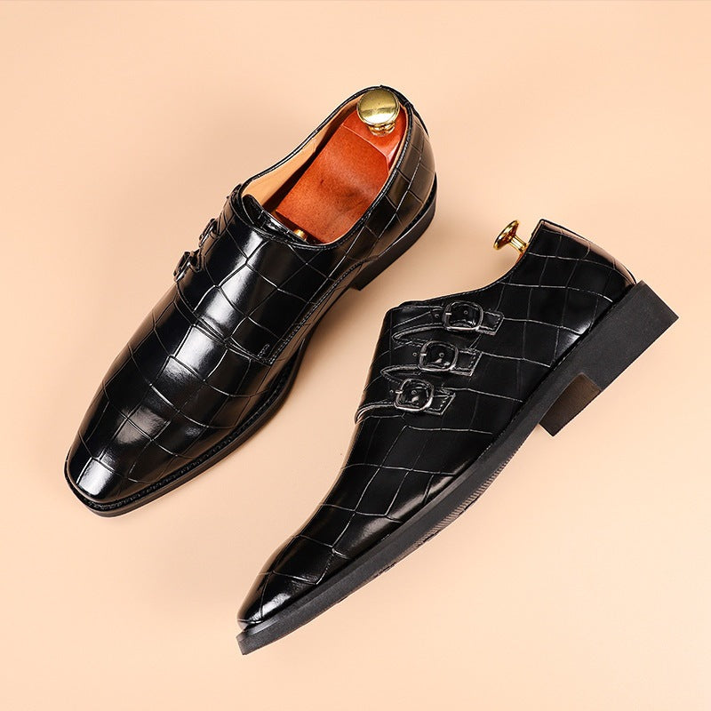 Men's Triple Monk Strap Dress Shoes - Pointed Toe - Croc Embossed - Low Heel