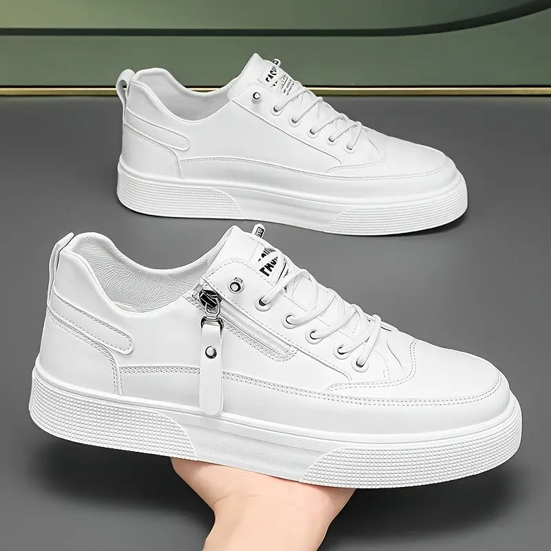 Men’s Rounded Toe Lace-Up Low-Top Sneakers with Side Zip and Flat Rubber Sole