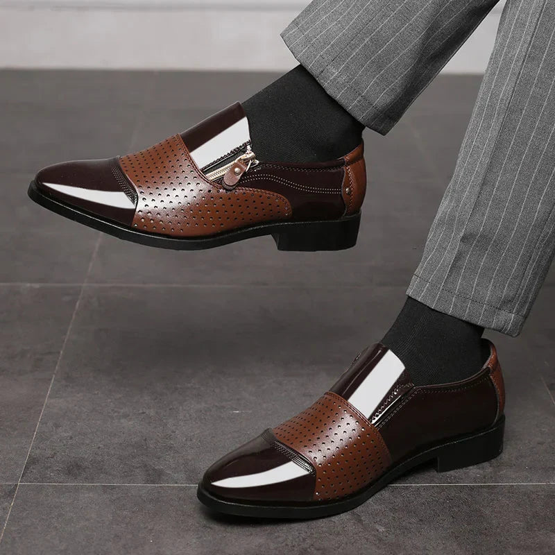 Men's Pointed Toe Dress Shoes - Side Zip - Patent Panel Upper Low Heel