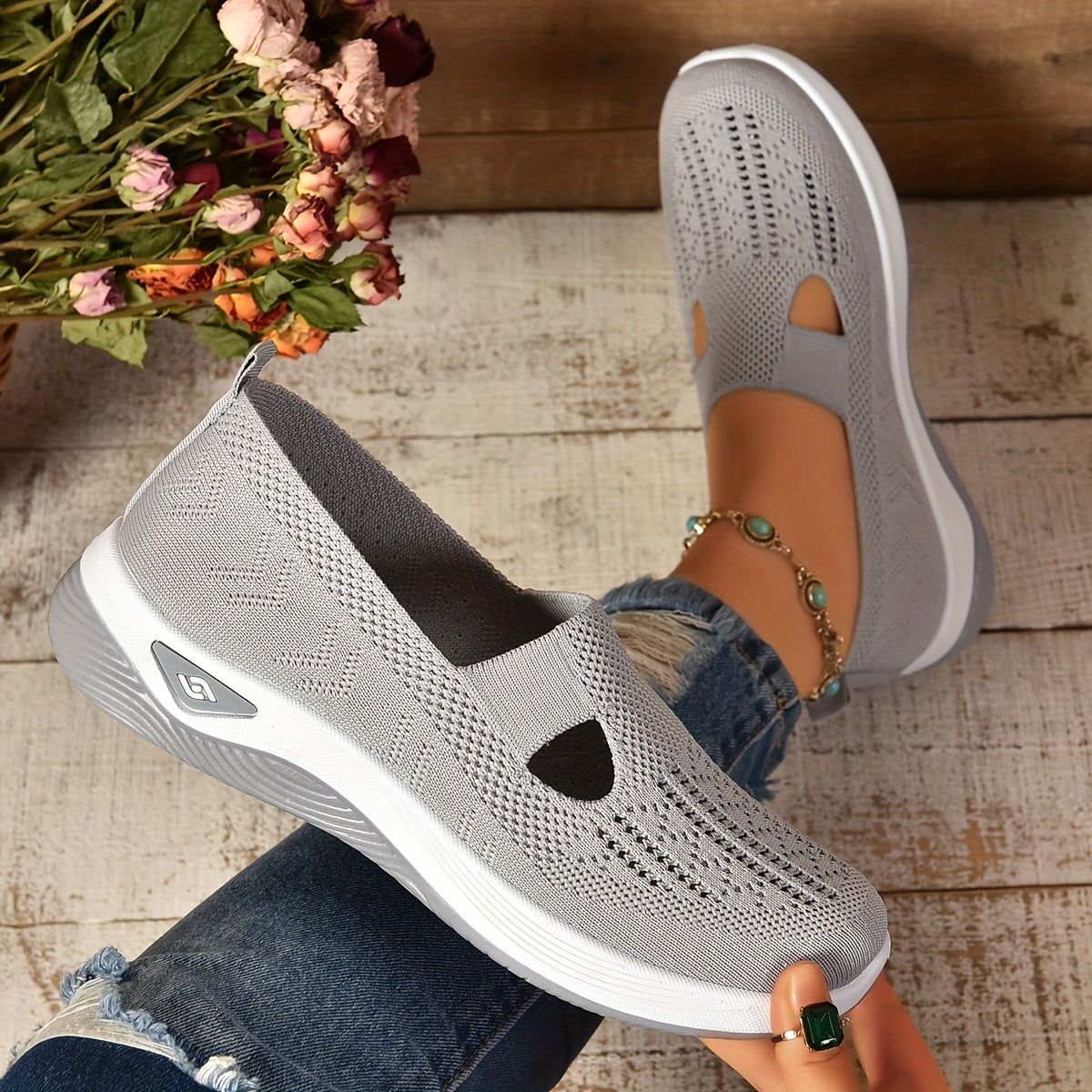 Women's Slip-On Sneakers - Knit Upper - Cutout Vamp - Platform Sole