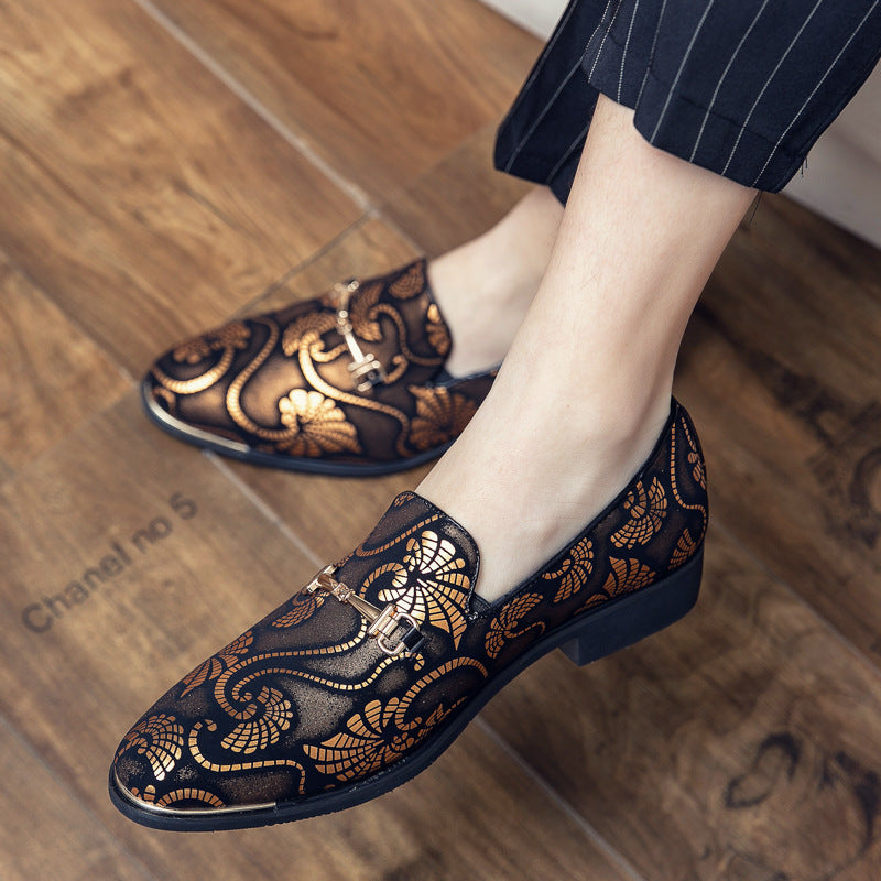 Men's Slip-On Loafers - Pointed Toe - Floral Print Upper - Metal Bit Hardware