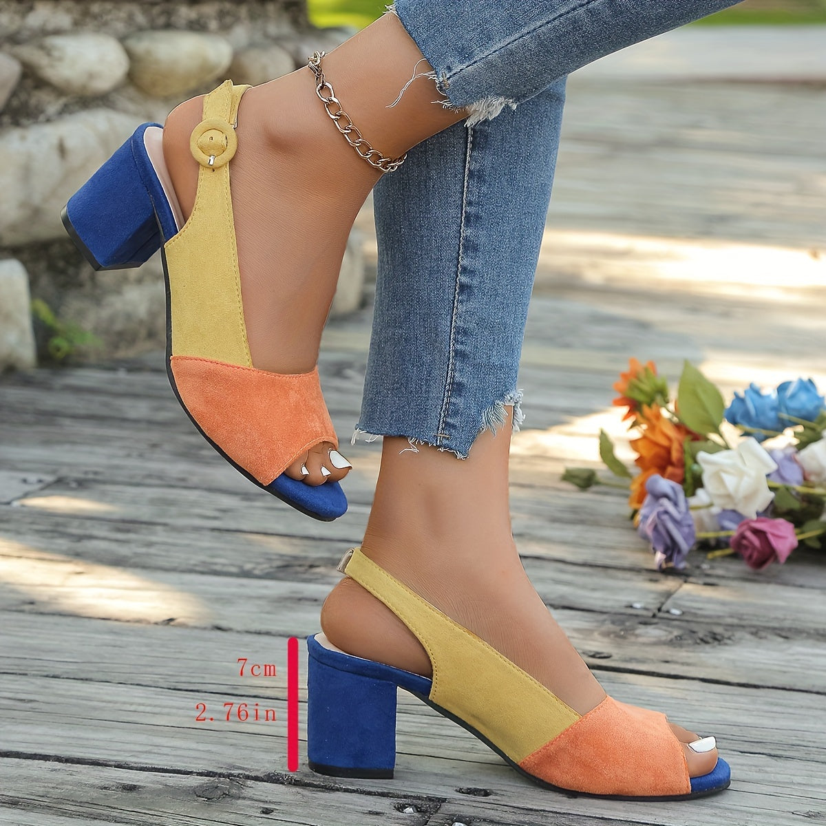 Women's Color Block Slingback Block Heels - Open Toe Peep Toe