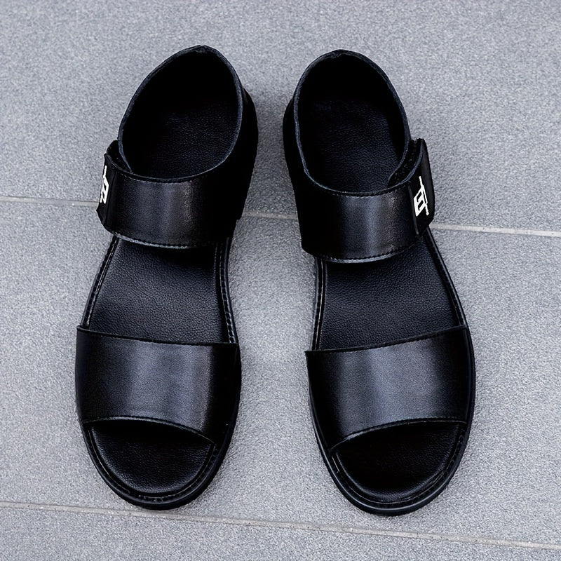 Men’s Leather Summer Sandals - Open Toe - Velcro Strap - Lightweight Casual Shoes