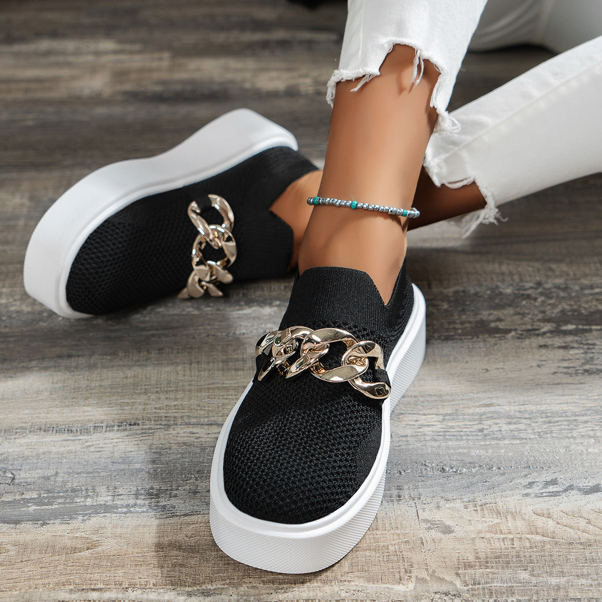 Women's Platform Sneakers – Round Toe Slip-On Knit with Chain Hardware
