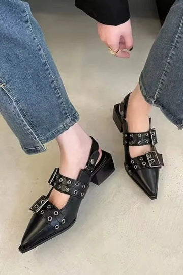 Women's Leather Slingback Heels - Double Buckle Eyelet Strap