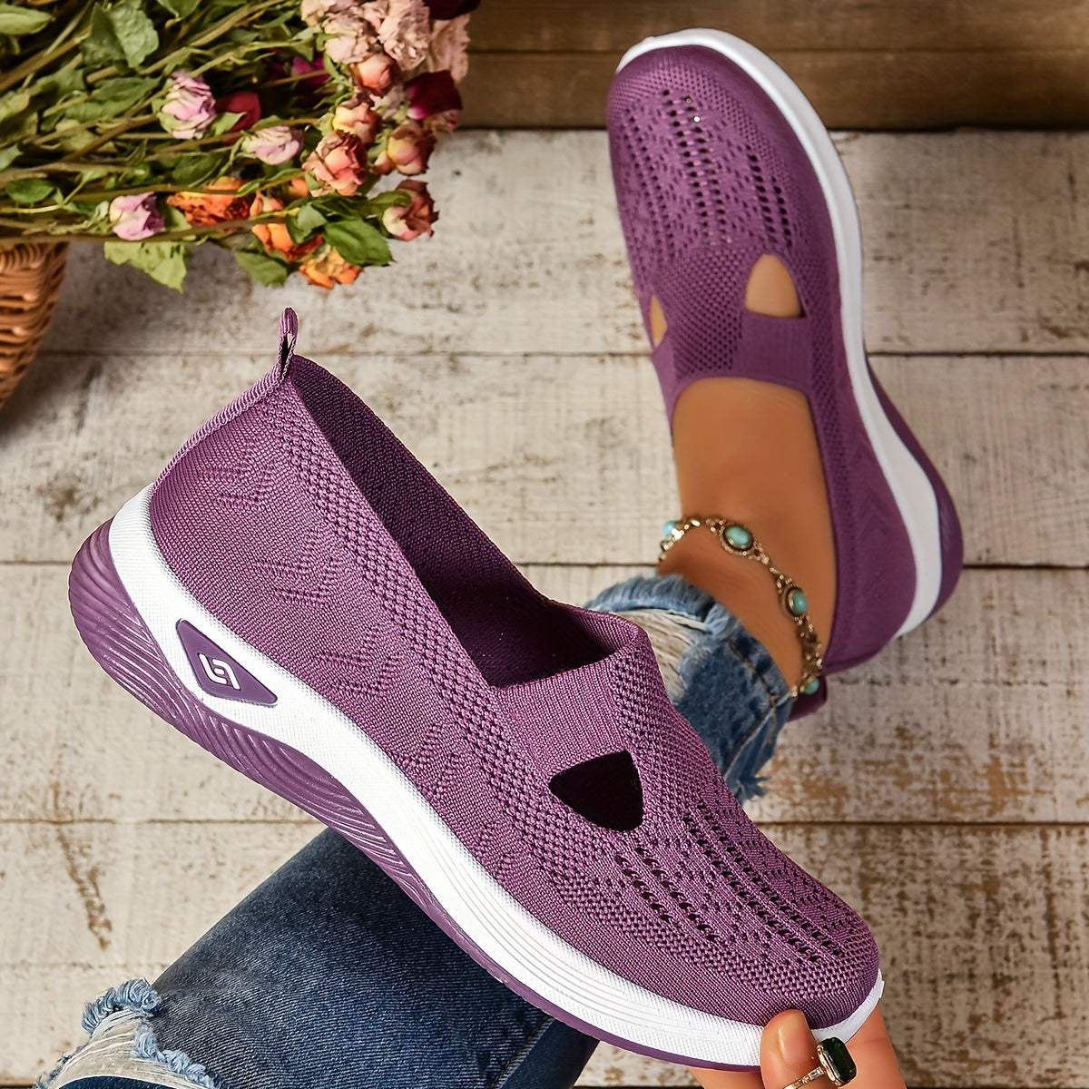 Women's Slip-On Sneakers - Knit Upper - Cutout Vamp - Platform Sole