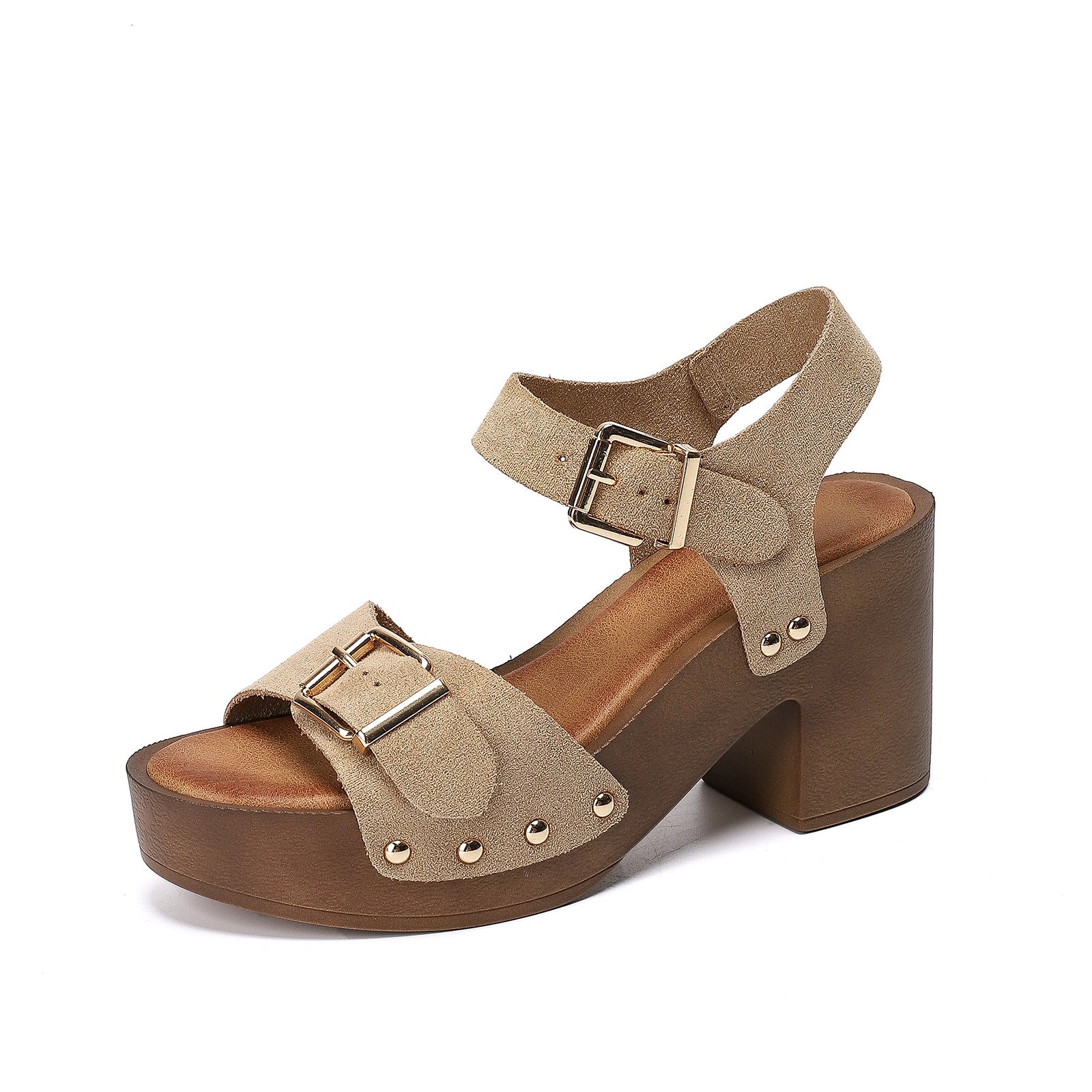 Women's Open Toe Platform Sandals with Double Buckle Strap and Block Heel