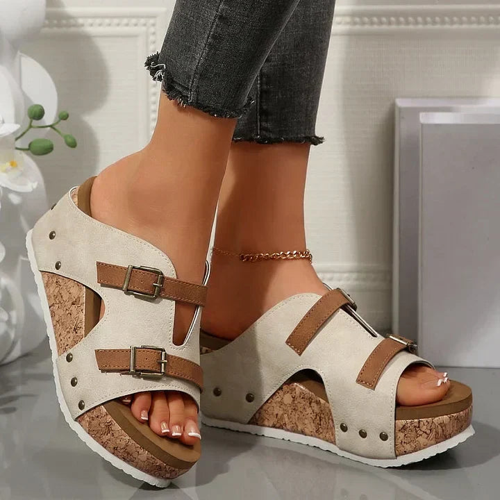 Women's Platform Wedge Sandals - Double Buckle - Open Toe - Cork Sole